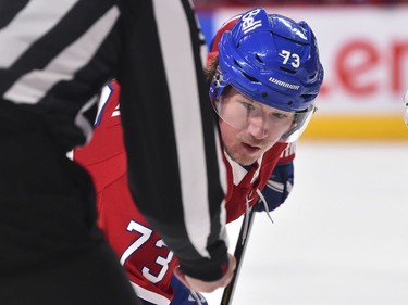 Tyler Toffoli of the Canadiens looks on as he prepares for a faceoff during the second period of Tuesday's game against the Senators.