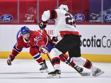 Joel Armia of the Canadiens challenges Nikita Zaitsev of the Senators during the second period.