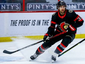Ottawa Senators center Colin White in action against the Winnipeg Jets during third period NHL action at Canadian Tire Centre., Jan. 21, 2021.