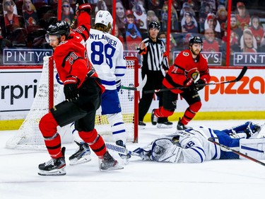Senators right-winger Connor Brown scores against Maple Leafs goaltender Jack Campbell during the first period.