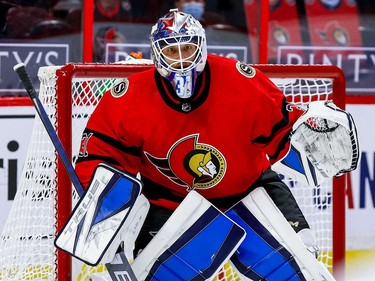 Ottawa Senators goaltender Anton Forsberg during second-period action against the Maple Leafs on Thursday night.