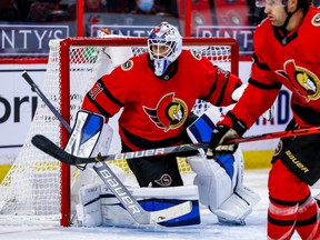 Ottawa Senators goaltender Anton Forsberg looks on during Thursday's game against the Toronto Maple Leafs.