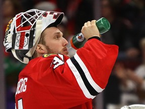 Anton Forsberg with the Chicago Blackhawks  in 2018.