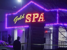 Atlanta police officers are seen outside Gold Spa after deadly shootings at a massage parlour and two day spas in the Atlanta area, Tuesday, March 16, 2021.