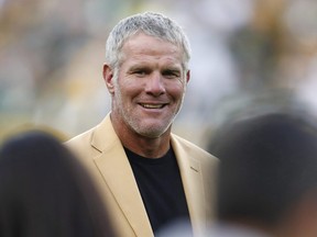 Hall of Fame quarterback Brett Favre is shown during a halftime ceremony of an NFL football game against the Dallas Cowboys, in Green Bay, Wis. Oct. 16, 2016.