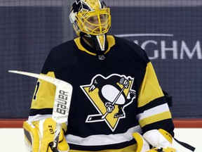 Penguins goaltender Casey DeSmith reacts after being named the first star of the game after Pittsburgh defeated the New York Islanders 2-1 on Monday.