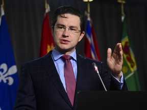Conservative member of Parliament Pierre Poilievre speaks during a press conference on Parliament Hill in Ottawa on Oct. 19, 2020.