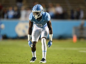 Defensive back Patrice Rene lines up as a member of the University of North Carolina Tar Heels.