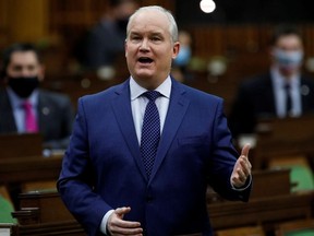 Canada's Conservative Party leader Erin O'Toole speaks during Question Period in the House of Commons on Parliament Hill in Ottawa, Ontario, Canada February 3, 2021.