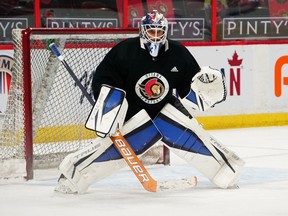 Ottawa Senators goaltender Anton Forserg  from today's skate, his first with the team.