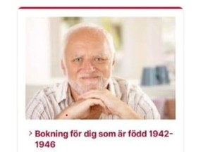 A March 31, 2021 screenshot shows a part of a government website where Swedes can book COVID-19 vaccinations, featuring the "Hide the Pain Harold" meme.