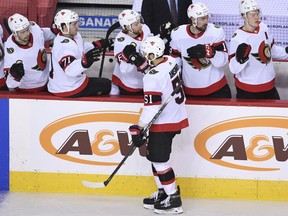 Mar 4, 2021; Calgary, Alberta, CAN; Ottawa Senators forward Artem Anisimov (51) celebrates his third period goal against the Calgary Flames at Scotiabank Saddledome.