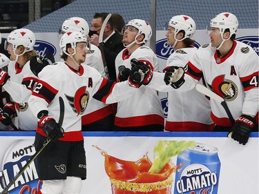 Ottawa Senators defensemen Thomas Chabot (72) celebrates a first period goal against the Edmonton Oilers at Rogers Place.