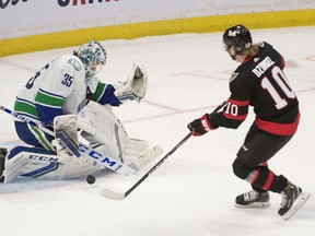 Vancouver Canucks goalie Thatcher Demko makes a save on a shot from Ottawa Senators left wing Ryan Dzingel in a shootout at the Canadian Tire Centre on Wednesday.