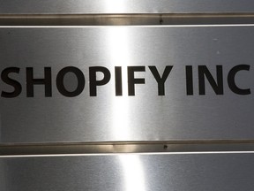 A file photo of a plaque at a Shopify building in Ottawa.