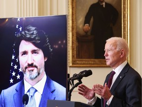 U.S. President Joe Biden and Prime Minister Justin Trudeau, appearing via video conference call, give closing remarks at the end of their virtual bilateral meeting from the White House in Washington on Feb. 23, 2021.