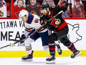 Ottawa Senators right wing Connor Brown skates against Edmonton Oilers defenceman Caleb Jones during first period NHL action at the Canadian Tire Centre.