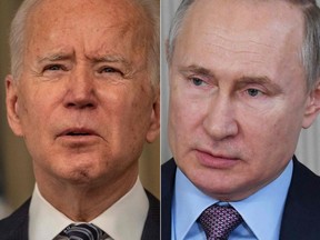 This combination of pictures created March 17, 2021 shows U.S. President Joe Biden (left) and Russia's President Vladimir Putin. /)