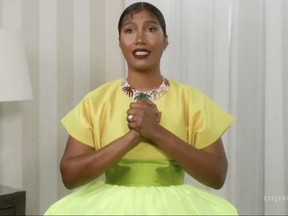 In this screenshot courtesy of the 27th Annual Screen Actors Guild Awards, Simone Ledward Boseman accepts the award on behalf of her late husband Chadwick Boseman for Outstanding Performance by a Male Actor in a Leading Role (Ma Raineys Black Bottom) during this year SAG awards ceremony held virtually on April 4, 2021.