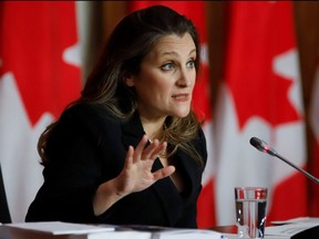 Finance Minister Chrystia Freeland speaks during a press conference on Parliament Hill in Ottawa, Monday, April 19, 2021.