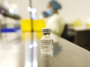 Syringes of the Pfizer-BioNTech COVID-19 vaccine at a UHN clinic at the MaRS building in Toronto on January 7, 2021.