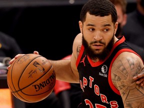 Fred VanVleet of the Toronto Raptors looks to pass during a game against the Phoenix Suns at Amalie Arena on March 26, 2021 in Tampa, Fla.