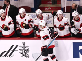 Ottawa Senators defenceman Artem Zub is congratulated by his teammates after scoring against the Montreal Canadiens on Saturday night.