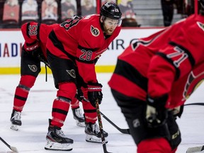 Ottawa Senators right wing Connor Brown (28) lines up for a faceoff against the Winnipeg Jets during the second period on Wednesday night at the Canadian Tire Centre.