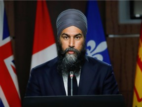New Democratic Party Leader Jagmeet Singh speaks during a press conference on Parliament Hill on April 19, 2021.