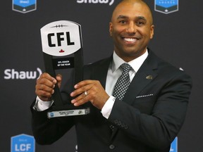 Orlondo Steinauer from the Hamilton Tiger-Cats was named Coach of the Year during the 2019 Shaw CFL awards at the Scotiabank Saddledome in Calgary on Thursday, November 21, 2019.