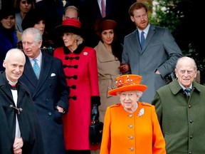 Happier times. (L-R) Prince Charles, Prince of Wales, Britain's Camilla, Duchess of Cornwall, U.S. actress Meghan Markle, Queen Elizabeth II, Prince Harry and Prince Philip, Duke of Edinburgh leave after attending the Royal Family's traditional Christmas Day church service at St Mary Magdalene Church in Sandringham, Norfolk, eastern England, on Dec. 25, 2017. (ADRIAN DENNIS/AFP/Getty Images)