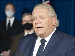 Ontario Premier Doug Ford makes an announcement during the daily briefing at Queen's Park in Toronto on Thursday April 1, 2021.
