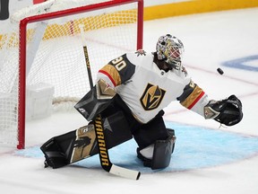 Vegas Golden Knights goaltender Robin Lehner  makes a save against the LA Kings  in the first period at Staples Center, April 12, 2021.