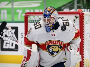 Florida Panthers goaltender Chris Driedger blocks a shot by the Dallas Stars during the second period at the American Airlines Center.