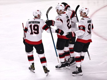 Ottawa Senators defenceman Artem Zub (2) celebrates his goal against Montreal Canadiens with teammates during the first period at Bell Centre on Saturday.