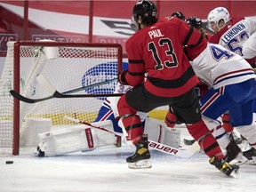 Senators forward Nick Paul is unable to capitalize on a loose puck in front of Montreal Canadiens goaltender Jake Allen in the second period of Thursday's game.