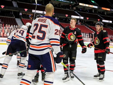 Ottawa Senators left wing Brady Tkachuk (7) was all smiles after a skirmish against the Edmonton Oilers.