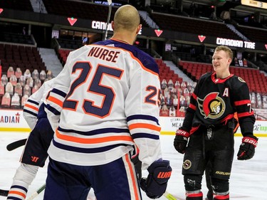 Ottawa Senators left wing Brady Tkachuk (7) was all smiles after a skirmish against the Edmonton Oilers.