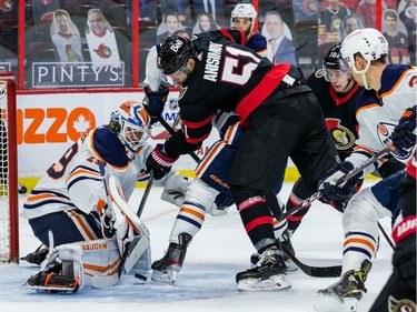 Ottawa Senators centre Artem Anisimov (51) digs for a rebound off of Edmonton Oilers goaltender Mikko Koskinen (19) during the first period.