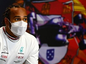 Formula One F1 - Portuguese Grand Prix - Algarve International Circuit - Portimao, Portugal - April 29, 2021 Mercedes' Lewis Hamilton during the press conference.