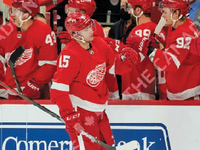 Newest Red Wing Jakub Vrana celebrates one of his four goals against the Dallas Stars during their game in Detroit on Thursday.