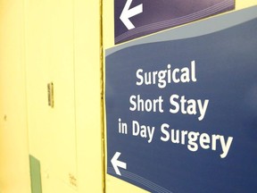 A sign points the way in a Belleville General Hospital hallway in Belleville, Ont.