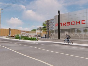 A rendering of a planned Porsche dealership in Vanier