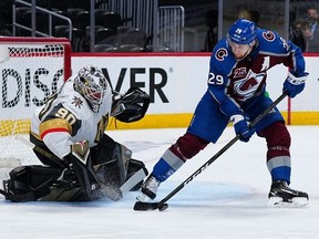 Colorado Avalanche centre Nathan MacKinnon had two goals, an assist and eight shots in Sunday’s 7-1 win over Vegas. Heading into Monday, he was tied for the playoff points lead with Nikita Kucherov, who has played two more games. USA TODAY Sports