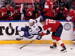 Florida Panthers winger Mason Marchment (right) upends Tampa Bay Lightning centre Anthony Cirelli during Game 2 of their first-round playoff series on Tuesday night.