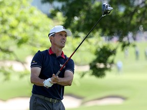 Mike Weir plays his shot from the 13th tee during the second round of the Senior PGA Championship at Southern Hills Country Club on May 28, 2021 in Tulsa, Oklahoma.