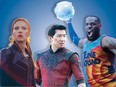 L-R: Scarlett Johansson in Black Widow, Simu Liu in Shang-Chi and the Legend of the Ten Rings and Lebron James in Space Jam: A New Legacy.