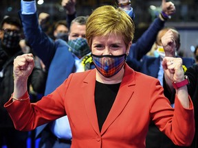 Scotland's First Minister and leader of the Scottish National Party (SNP), Nicola Sturgeon, reacts after being declared the winner of the Glasgow Southside seat in the Emirates Arena in Glasgow on May 7, 2021.