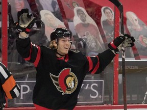 Parker Kelly celebrates his first NHL goal on May 12, 2021 for the Ottawa Senators. Kelly had a goal for the AHL's Belleville Senators on May 20, 2021 against the Toronto Marlies.