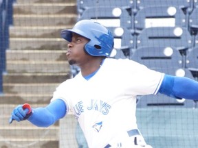 Canadian baseball player Demi Orimoloye takes part in a minor-league game in 2019.